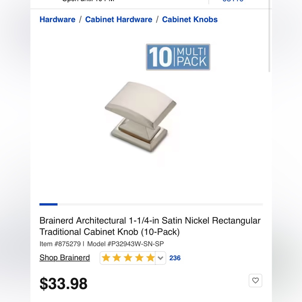 Brainerd 1 1/4" Architectural Knob Satin Nickel (10 pack) Lowes NEW